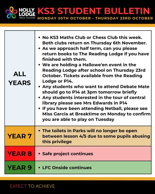 Into the final week we go! Enjoy your last week and half term. 
#HollyLodgeLife #ExpectToAchieve