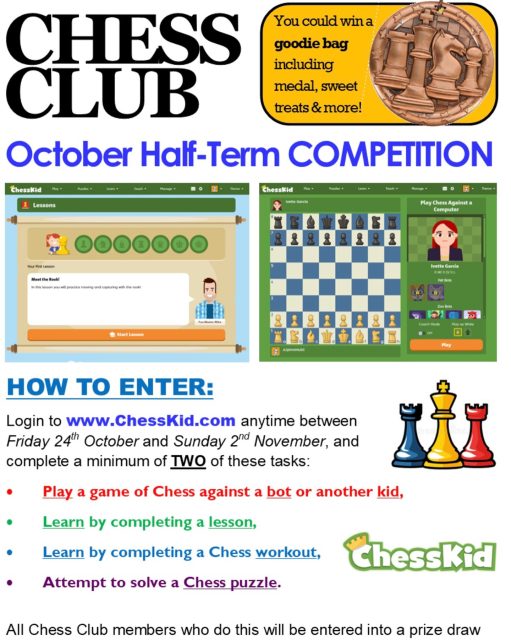 We would like to invite all Chess Club members to take part in our half-term holiday competition. Login to ChessKid.com with your unique details anytime during the break, and complete two tasks to be in with a chance of winning a goodie bag of prizes! Winners will be revealed in the next Chess Club on Thursday 6th November. Good luck!
#HollyLodgeLife #ExpectToAchieve