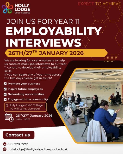We would love to connect with local businesses and employers at our upcoming Employability Interviews for Year 11. Please get in touch if you can help!
#HollyLodgeLife #ExpectToAchieve