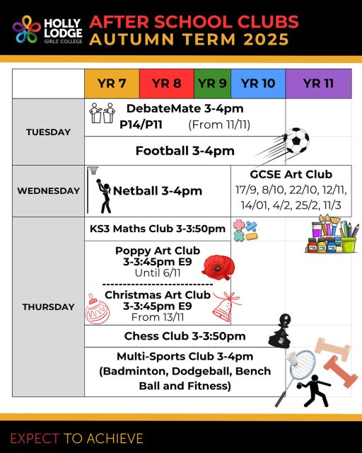 We’ve put together a full after-school club timetable so you can see what’s available for your year groups. It’s never too late to get involved! ⚽️🎼🎭🎸♟️
#HollyLodgeLife #ExpectToAchieve