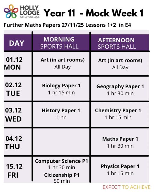 The Year 11 mock exam timetable has been released - students will receive their individual timetables this week. 
#HollyLodgeLife #ExpectToAchieve