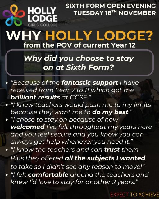 A reminder of why some of our current sixth formers chose to study here with us after GCSE 👆 Remember our open evening for Sixth Form is on Tuesday, with a talk from the Headteacher at 5pm. ⏰
#HollyLodgeLife #ExpectToAchieve