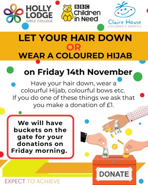 On Friday we will be celebrating Children in Need by fundraising for Claire House Children’s Hospice. Try to remember a bit of change to contribute to this important cause! 
#HollyLodgeLife #ExpectToAchieve
