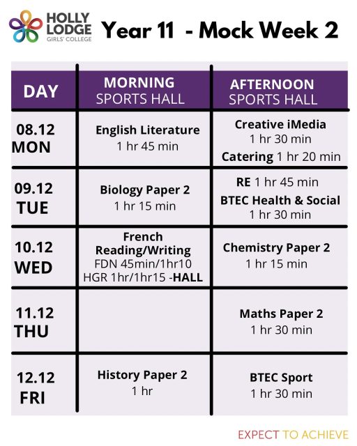Week 2 of Mock Exams starts tomorrow! Keep up the good work 🤞
#HollyLodgeLife #ExpectToAchieve