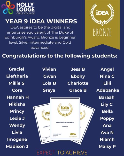 Our Year 9 students have successfully achieved their Bronze iDEA Award, demonstrating great creativity, independence and digital skills. Through a series of online challenges, they built confidence in problem-solving and technology. We’re very proud of their hard work and look forward to seeing them progress further. ⭐️💻
#HollyLodgeLife #ExpectToAchieve