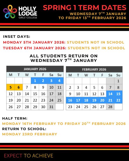 Here’s a reminder of our term dates for the Spring term. 🌸 Hope you are all having a lovely break! 
#HollyLodgeLife #ExpectToAchieve