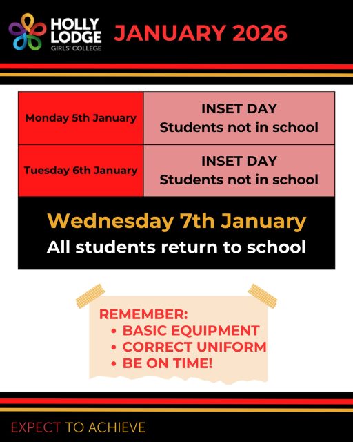 Arrangements for the new Spring term are as follows… see you all at 8.25 on Wednesday!
#HollyLodgeLife #ExpectToAchieve