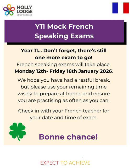 Less than a week until French speaking exams start! Don’t forget, if you have anything you are unsure about, please check in with your French teacher. 🇫🇷
#HollyLodgeLife #ExpectToAchieve