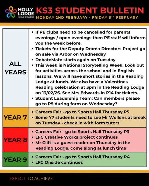 Just two more weeks of this half term! This week we are excited to host our annual Careers Fair, make sure you know where you need to be on Thursday. 
#HollyLodgeLife #ExpectToAchieve