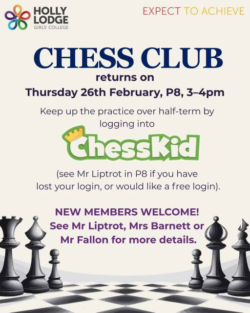 Chess Club returns on 26th February. Members can keep up the practice over half term by logging into their free ChessKid account. ♟️
#HollyLodgeLife #ExpectToAchieve