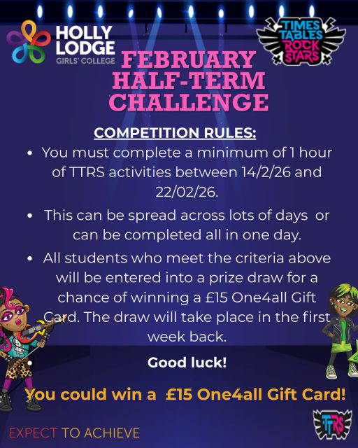 We would like to invite students from all year groups to take part in our TTRS competition for a chance to win a £15 One4All gift card. Best of luck! 🍀
#HollyLodgeLife #ExpectToAchieve