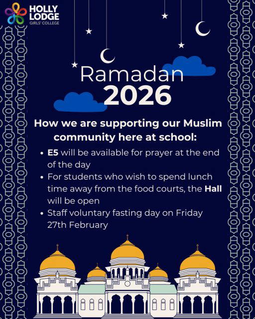 Ramadan marks an important month for many of our students at Holly Lodge. As well as using form time to discuss the topic, we have made some adjustments that support students who are fasting during Ramadan. 🌙
#HollyLodgeLife #ExpectToAchieve