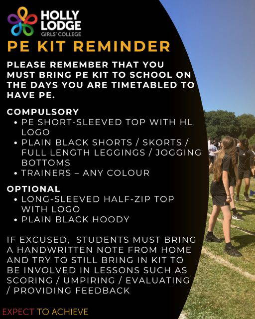 A reminder for all students and parents ❗️
Benefits of taking part in PE:
• Improves physical health, strengthens muscles and bones 💪🤾‍♀️
• Improves mental health, improves mood and reduces anxiety 🧠🧘‍♀️
• Builds social skills and teamwork, communication and respect 👭🗣️
• Improves confidence, gives you a sense of achievement 🏆🏅
#HollyLodgeLife #ExpectToAchieve