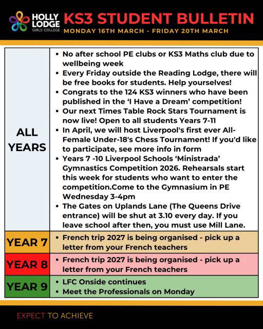 We are into our final fortnight of the Spring term! Enjoy Wellbeing Week too 🌼
#HollyLodgeLife #ExpectToAchieve