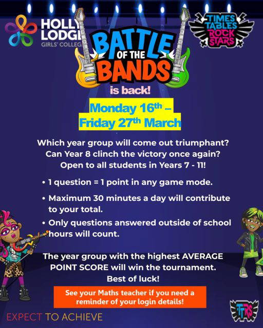 Our second TT Rockstars tournament is now live! Stay tuned for a mid-competition update at the end of the week to see where your year group are..
#HollyLodgeLife #ExpectToAchieve