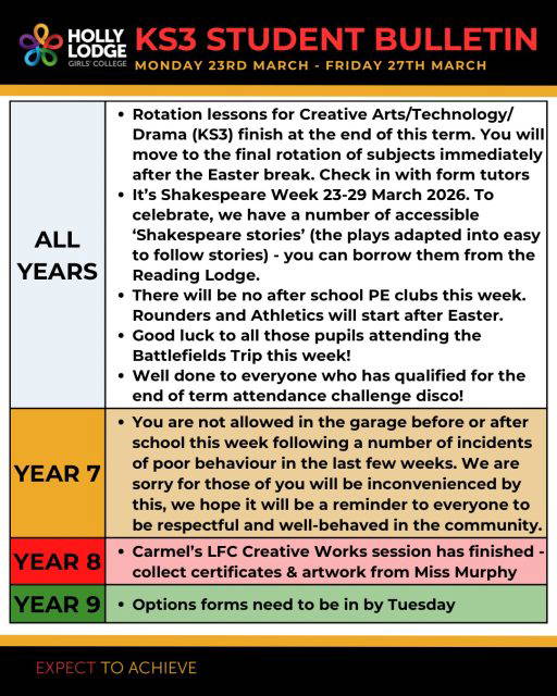 Friday will be our final day of term before we take a two-week Easter break 🌼🐣
Have a good final week of the Spring term!
#HollyLodgeLife #ExpectToAchieve