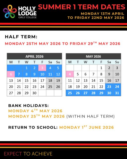 A reminder of our Summer Term dates ☀️ - we look forward to seeing you all on Monday! 
#HollyLodgeLife #ExpectToAchieve