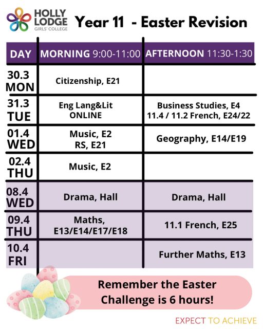 Additional details of revision sessions can be found on Google Classroom. Good luck with your revision!
#HollyLodgeLife #ExpectToAchieve