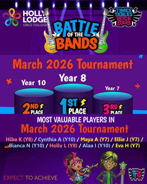 Results are in for our final Spring Term Rockstars tournament - and Year 8 have defended their title! Thanks and well done to all who got involved. Prizes for the top competitors are on their way…
#HollyLodgeLife #ExpectToAchieve