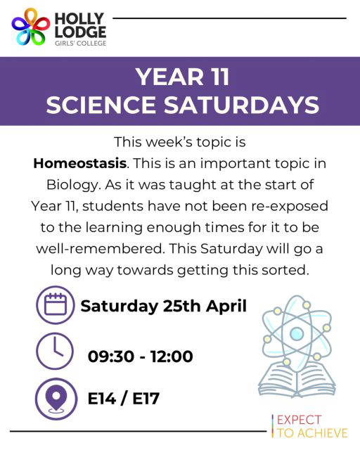 We’d love to see some of you this Saturday! There’s not long left before you officially begin your exams, so make the most of every opportunity to revise.
#HollyLodgeLife #ExpectToAchieve
