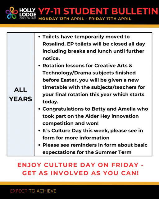 Welcome back to the Summer Term! ☀️
We hope you all have a good first week, here are some updates for you. 
#HollyLodgeLife #ExpectToAchieve