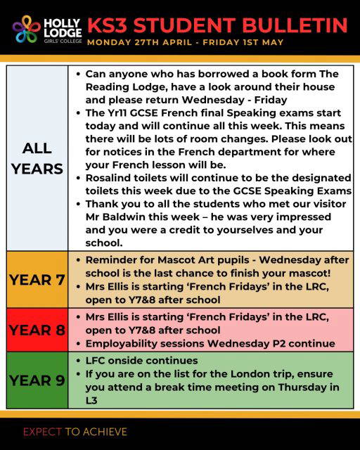 A busy week for all year groups but particularly Year 11 - good luck in your speaking exams!
#HollyLodgeLife #ExpectToAchieve