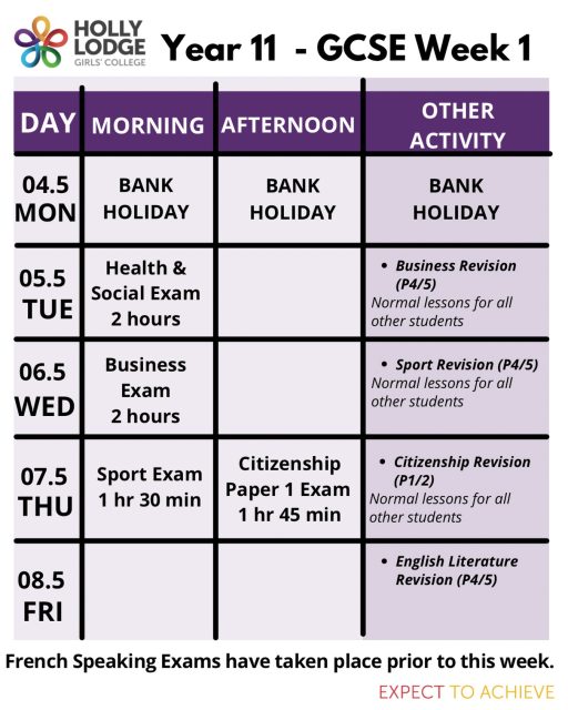 Each weekend we will remind Year 11 students what they have going on as it is a very busy time for them. They have received a copy of the revision session timetable which may have more info on, but here is the basics! 
#HollyLodgeLife #ExpectToAchieve