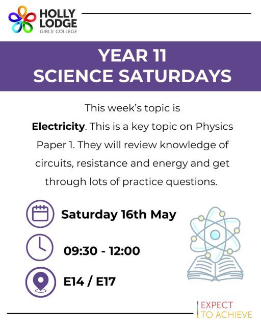 Struggling to keep revision momentum at home? Come along to Science Saturday this week to help with Physics. 
#HollyLodgeLife #ExpectToAchieve