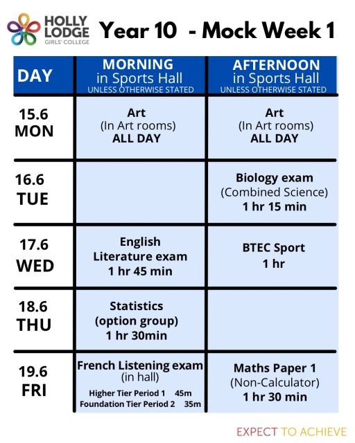 Here’s a reminder for Year 10 that your end-of-year exams are not far away! More details can be found on Google Classroom.
#HollyLodgeLife #ExpectToAchieve