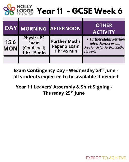 We have reached the final week of GCSEs. Thank you so much to all teachers and students for the hard work you have put in, especially these last few months. 
#HollyLodgeLife #ExpectToAchieve