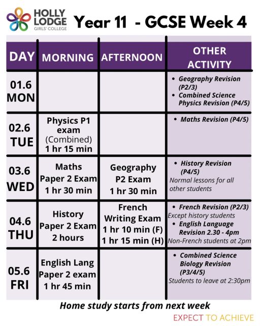 We hope you’ve had a restful week and are ready to head back to exam week 4! 💪
#HollyLodgeLife #ExpectToAchieve