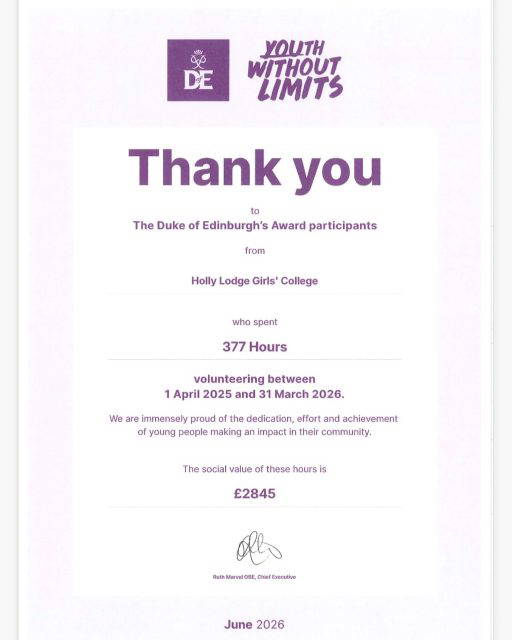 Volunteering is a section of the DofE award scheme that all students must complete to achieve their award at Bronze, Silver and Gold. Students must arrange their own voluntary practice and complete this for one hour a week for either 3 or 6 months.
Last year’s DofE students completed 377 hours volunteering across many sectors from working in youth club, church groups, charity shops and litter picking between April 25 – March 26. The social value of these hours is an amazing £2845!
#HollyLodgeLife #ExpectToAchieve
