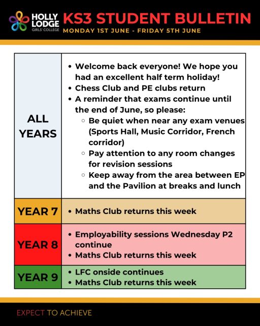 Welcome back to our final half term of the year! We hope you are feeling well-rested and ready to go.
#HollyLodgeLife #ExpectToAchieve