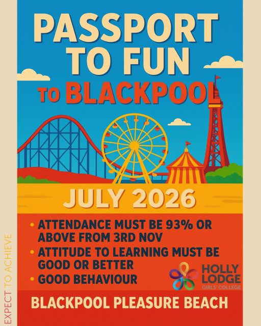 ‼️Rewards Trip Announcement‼️
Please can all students who have paid a deposit or paid in full for the Blackpool trip meet in the hall at 3pm on Monday to collect a consent form from their Year Leader? Remind each other, the quicker they are returned, the better! 
#HollyLodgeLife #ExpectToAchieve