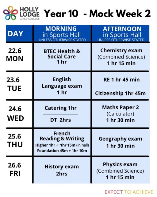 Our Year 10 and 12 are halfway through their internal exams! A reminder of next week 👆
#HollyLodgeLife #ExpectToAchieve