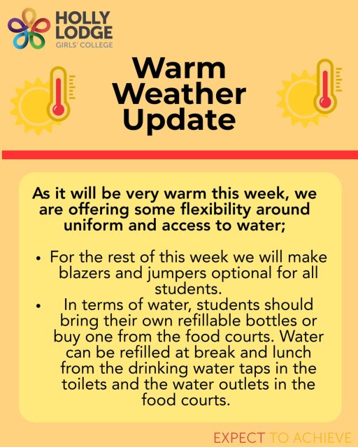 *UPDATE* On top of the above, students do not need to wear ties this week. Normal uniform expectations will resume on Monday 29th.
#HollyLodgeLife #ExpectToAchieve