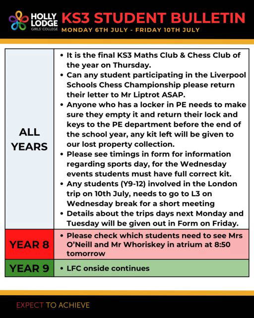 Welcome to the penultimate week of the school year! Keep an eye on Sports Day updates throughout the week. 
#HollyLodgeLife #ExpectToAchieve