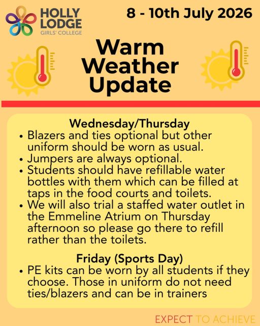 We have written to parents to inform them of the latest updates, here is a summary of arrangements from Wednesday. More info on Sports Day to come!
#HollyLodgeLife #ExpectToAchieve