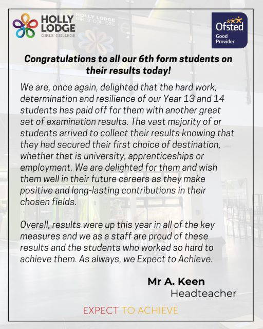 A huge congratulations to everyone collecting your results today! We are so proud of you. 
#HollyLodgeLife #ExpectToAchieve