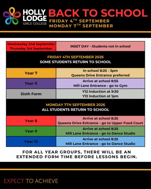 Some timings for your first day back, either tomorrow or Monday! See you soon ⏰
#HollyLodgeLife #ExpectToAchieve