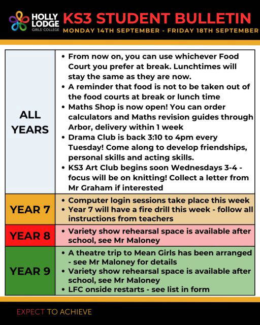 Happy Monday! Don’t forget the arrangements for Thursday due to Admissions Evening
#HollyLodgeLife #ExpectToAchieve