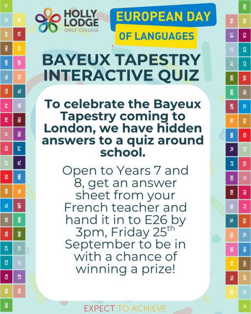 As part of European Day of Languages this year, the MFL department are putting on an interactive quiz on Friday open to Years 7 and 8! You will find more info during your French lessons this week. 🇫🇷
#HollyLodgeLife #ExpectToAchieve