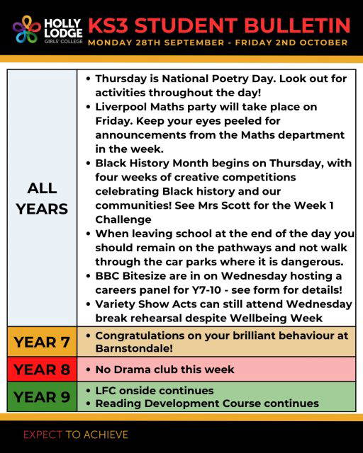 Despite Wellbeing Week we still have plenty of things happening this week! Make sure you get all the details you need in form today.
#HollyLodgeLife #ExpectToAchieve
