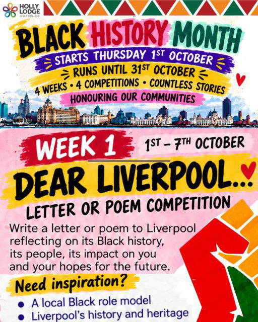 Today marks the start of Black History Month! We would love for students to get involved in one or more activities - there will be 1 challenge each week. See Mrs Scott for more details!
#HollyLodgeLife #ExpectToAchieve